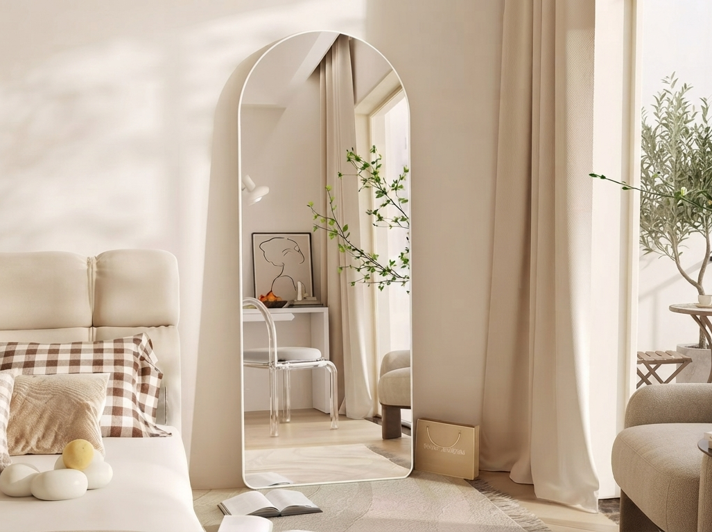 מראת גוף מעוצבת בצורת קשת 170x60 ס"מ מסגרת לבנה — כולל רגל עמידה ואפשרות תלייה